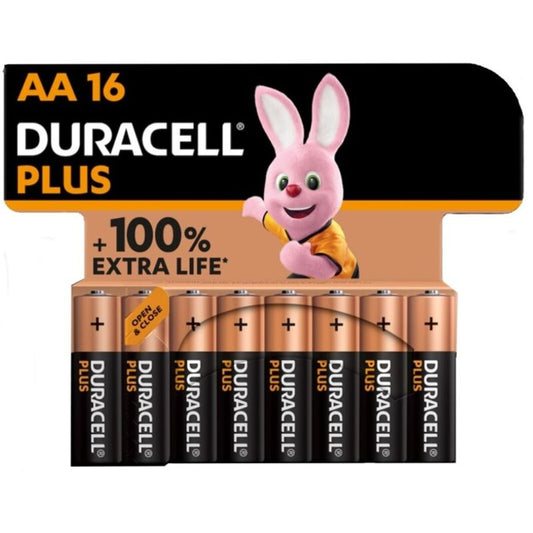 Embalagem de 16 pilhas Duracell AA LR6 Plus Power, destacando a marca e tipo.