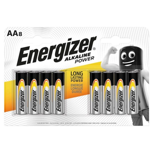 Pack de 8 Pilhas Alcalinas Energizer Power AA LR6 para dispositivos eletrónicos e brinquedos sexuais.