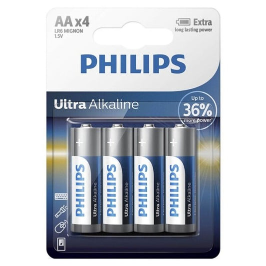 Pack de 4 pilhas PHILIPS Ultra Alcalina AA LR6 para dispositivos eletrónicos.