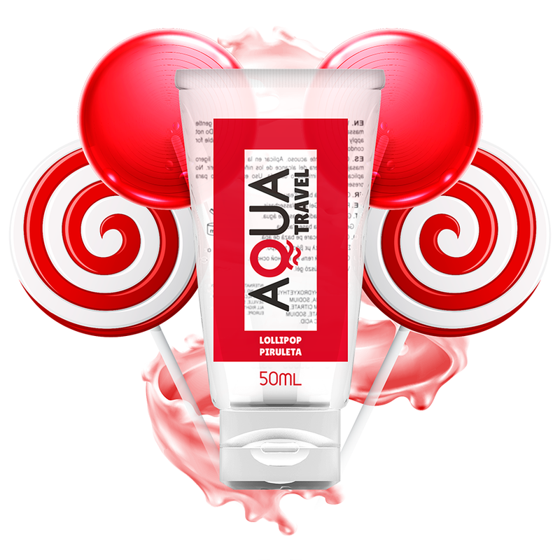 Close-up of the AQUA TRAVEL Lubrificante à Base de Água Sabor Lollipop 50ml, showing its compact size and colorful packaging.
