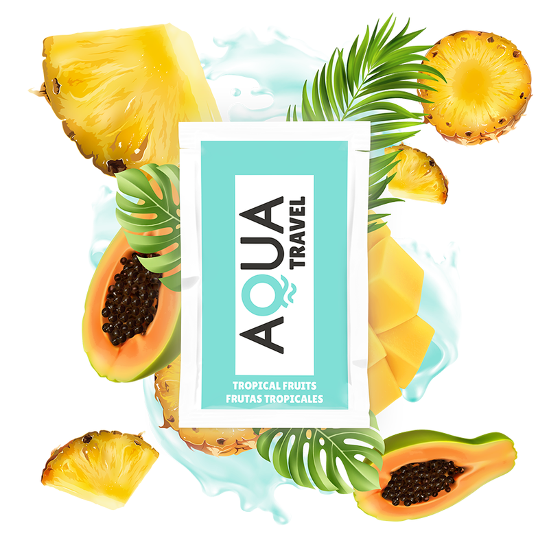 Embalagem do Lubrificante Aqua Travel à Base de Água Sabor Frutas Tropicais 6 ML.