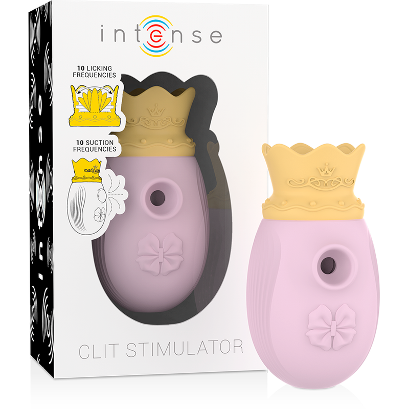 Close-up do Estimulador de Clitóris INTENSE Rosa com modos de sucção e lambida, mostrando o design ergonómico e material de silicone.