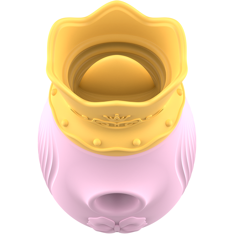 Close-up do Estimulador de Clitóris INTENSE Rosa com modos de sucção e lambida, mostrando o design ergonómico e material de silicone.