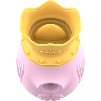 Close-up do Estimulador de Clitóris INTENSE Rosa com modos de sucção e lambida, mostrando o design ergonómico e material de silicone.