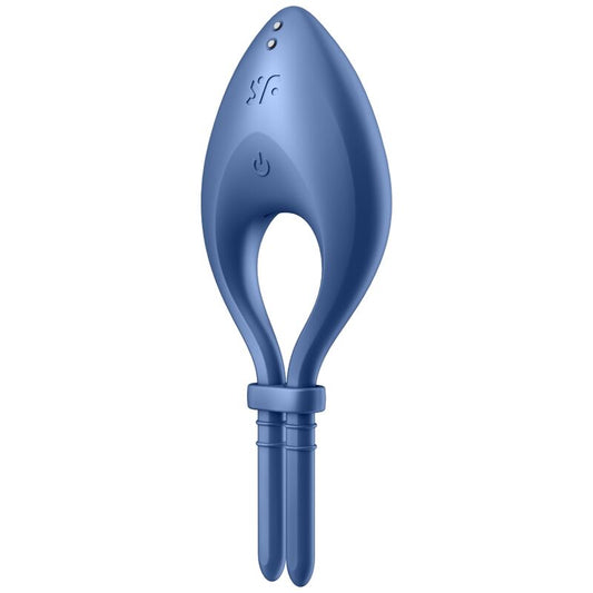 Satisfyer Anel Vibrador Peniano Bullseye Ajustável com App, na cor azul, mostrando detalhes do design ergonómico.