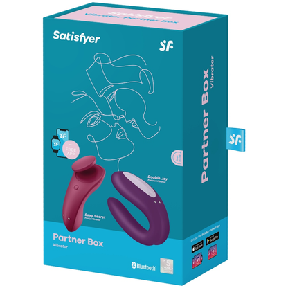 Satisfyer Partner Box 1, kit de vibradores para casal com controlo por app, mostrando o Double Joy e o Sexy Secret de silicone médico.