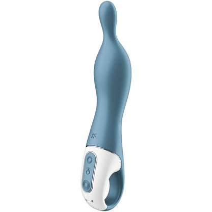Close-up do Vibrador Satisfyer A-Mazing 1 A-Spot Azul, mostrando seu design ergonómico e material de silicone.