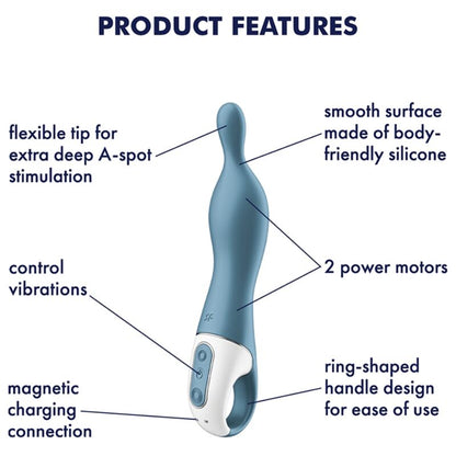 Close-up do Vibrador Satisfyer A-Mazing 1 A-Spot Azul, mostrando seu design ergonómico e material de silicone.