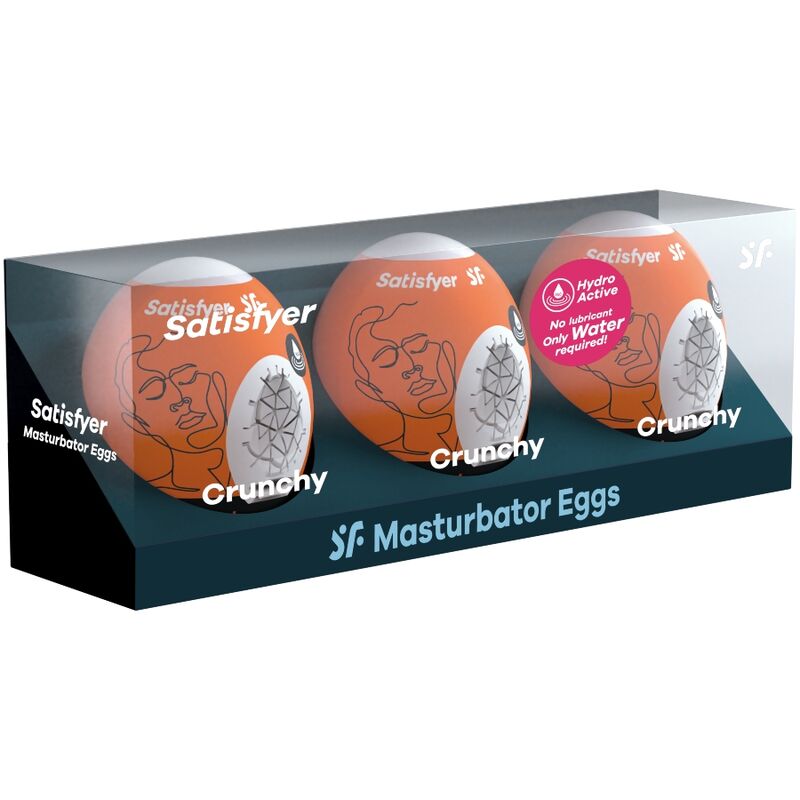 Conjunto Satisfyer 3 Ovos Masturbadores Crunchy Hydro-Active mostrando a textura e o material flexível.