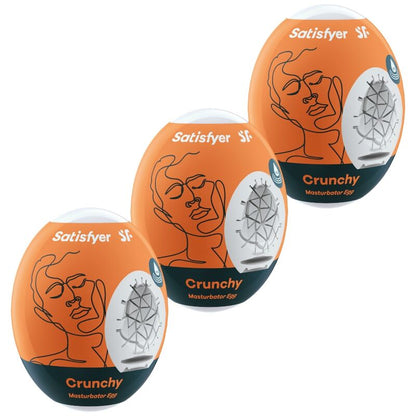 Conjunto Satisfyer 3 Ovos Masturbadores Crunchy Hydro-Active mostrando a textura e o material flexível.