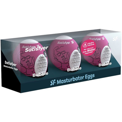 Satisfyer 3 Ovos Masturbador Masculino Hydro-Active Bubble, mostrando o design flexível e textura interna.