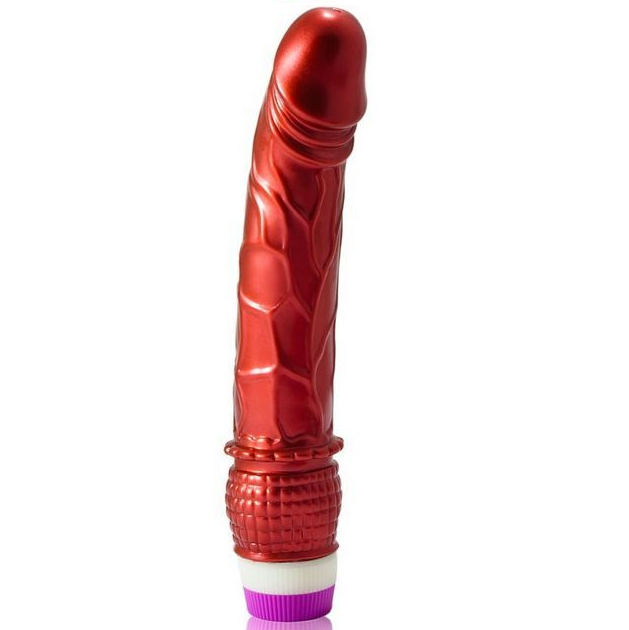 Close-up do Vibrador Realista BAILE Vermelho 23 cm, mostrando a sua textura e detalhes anatómicos.