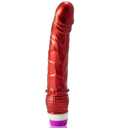 Close-up do Vibrador Realista BAILE Vermelho 23 cm, mostrando a sua textura e detalhes anatómicos.