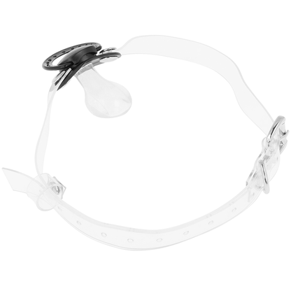 OHMAMA Mordaça Transparente com Chupeta para Fetiche, mostrando o design ajustável e o material.