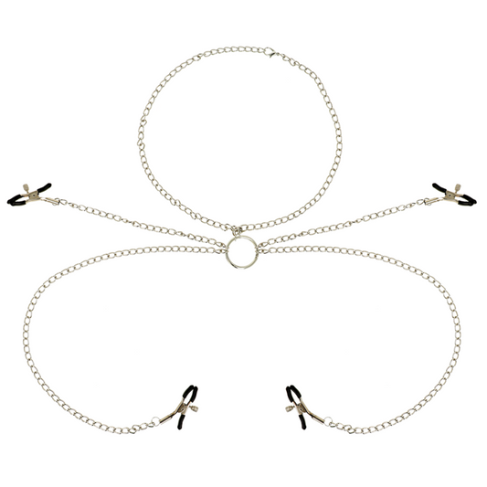 Close-up das Pinças de Nipple OHMAMA com Colar de Corrente e 4 Pinças, mostrando detalhes ajustáveis.