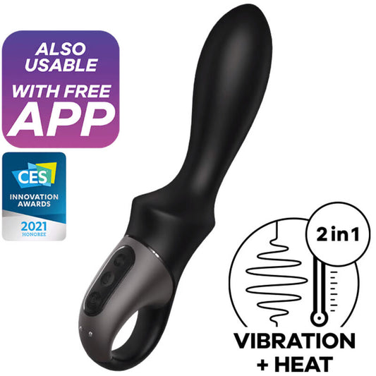 Vibrador anal Satisfyer Heat Climax preto com função de aquecimento e controle via aplicativo, detalhes da textura e design ergonómico.