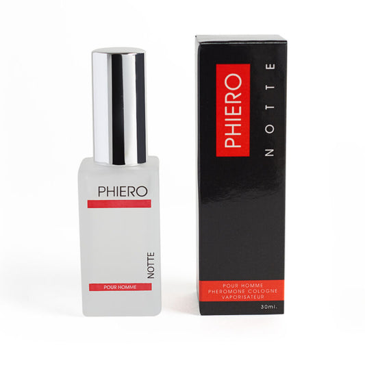 Frasco do perfume com feromonas 500 COSMETICS Phiero Notte para homens, ideal para sedução e confiança.