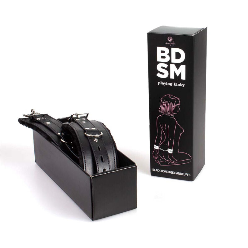 Close-up das Algemas Black Bondage SECRETPLAY acolchoadas com correntes e fecho rápido.