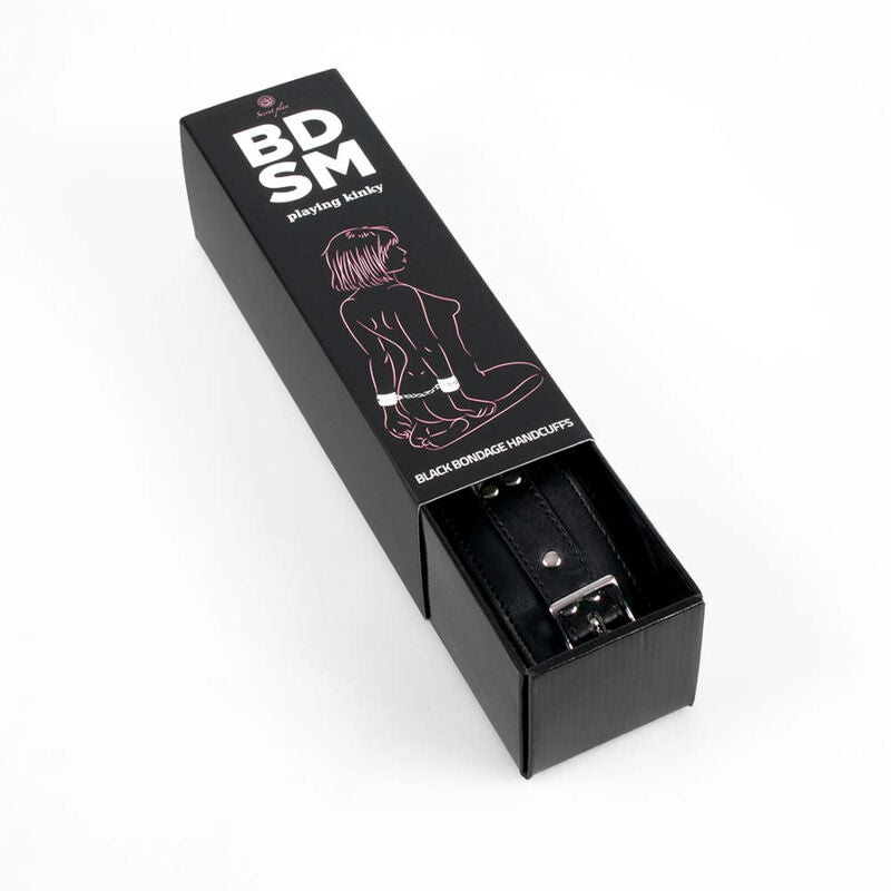 Close-up das Algemas Black Bondage SECRETPLAY acolchoadas com correntes e fecho rápido.