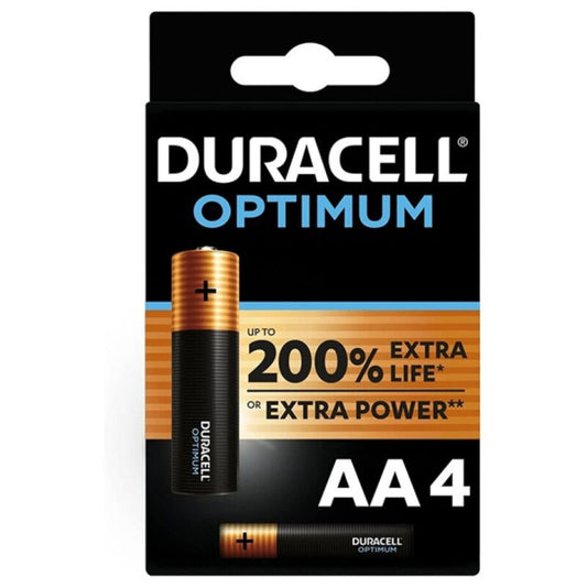 Pack de 4 pilhas alcalinas Duracell Optimum AA LR6, mostrando a embalagem inovadora e a marca.