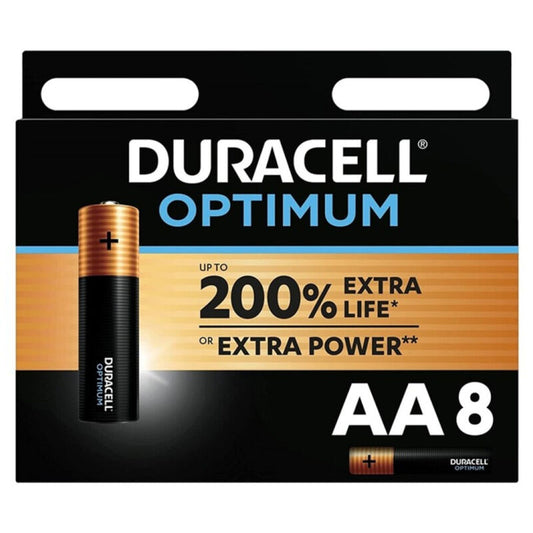 Pilhas DURACELL Optimum AA LR6 em embalagem de 8 unidades, mostrando o design e a marca.