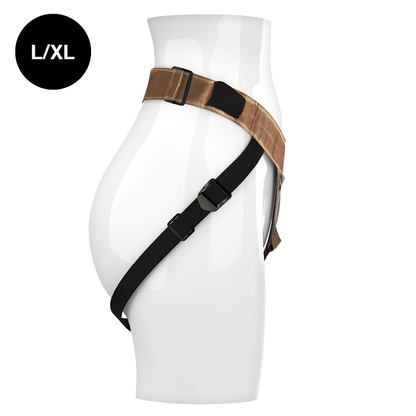 MYTHOLOGY Arnês Fantasia Bronze L/XL para Dildos Strap-On, exibindo design ajustável e acabamento metálico.