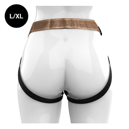 MYTHOLOGY Arnês Fantasia Bronze L/XL para Dildos Strap-On, exibindo design ajustável e acabamento metálico.