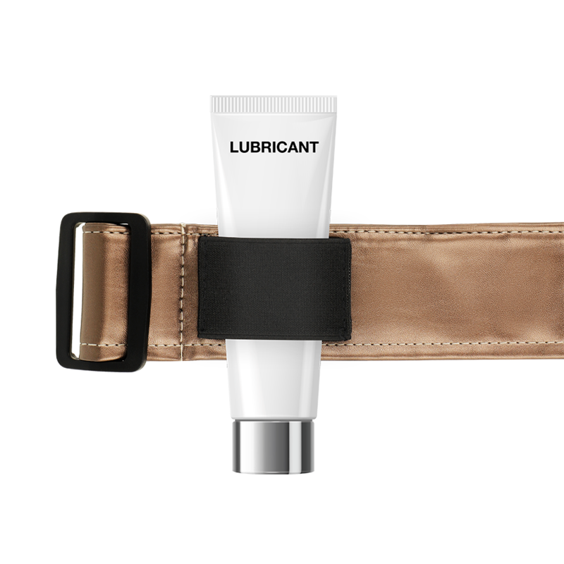 MYTHOLOGY Arnês Fantasia Bronze L/XL para Dildos Strap-On, exibindo design ajustável e acabamento metálico.