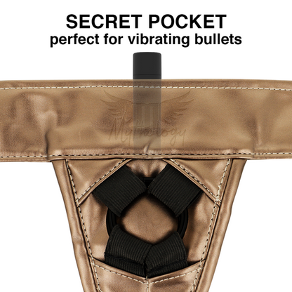 MYTHOLOGY Arnês Fantasia Bronze L/XL para Dildos Strap-On, exibindo design ajustável e acabamento metálico.