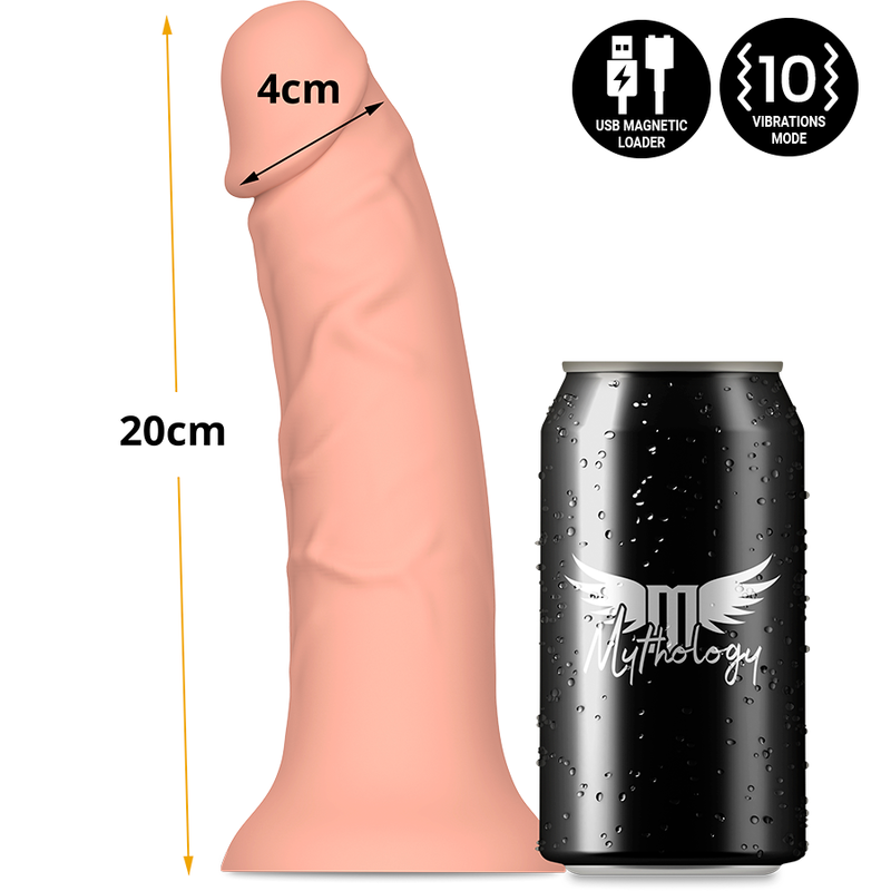 Close-up do Dildo Vibrador Realista MYTHOLOGY Asher M, mostrando sua textura em silicone e design ergonómico com compatibilidade Watchme.