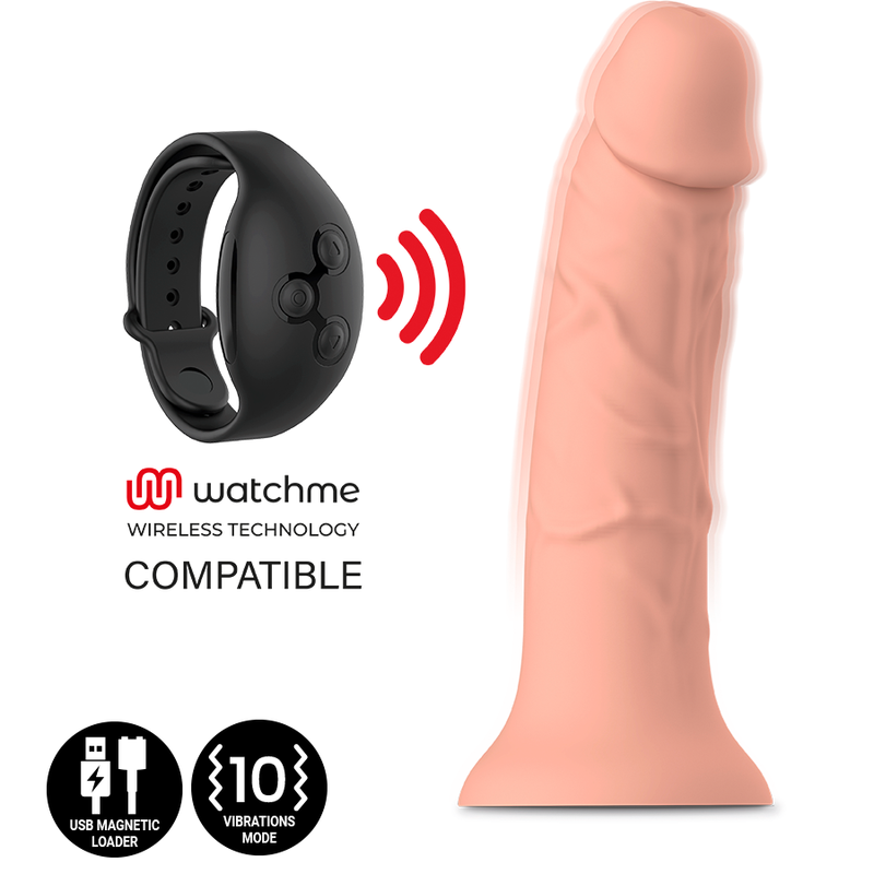 Close-up do Dildo Vibrador Realista MYTHOLOGY Asher M, mostrando sua textura em silicone e design ergonómico com compatibilidade Watchme.