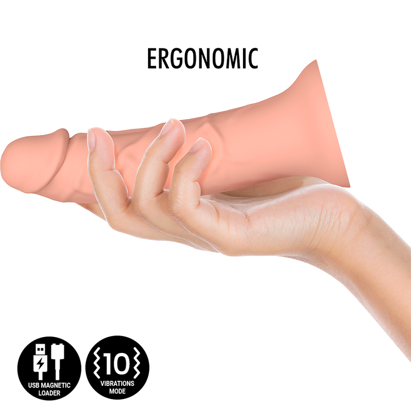 Close-up do Dildo Vibrador Realista MYTHOLOGY Asher M, mostrando sua textura em silicone e design ergonómico com compatibilidade Watchme.