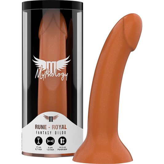 Close-up of the MYTHOLOGY Dildo Rune Royal M, showcasing its golden color, silicone texture, and ergonomic design with a suction base.
