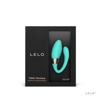 Lelo TIANI Harmony massageador de casal aqua, exibindo design ergonómico e botões de controlo.