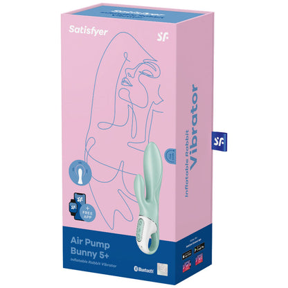 Vibrador Satisfyer Air Pump Bunny 5 Connect, inflável e com app, em silicone verde, com design ergonómico para estimulação dupla.