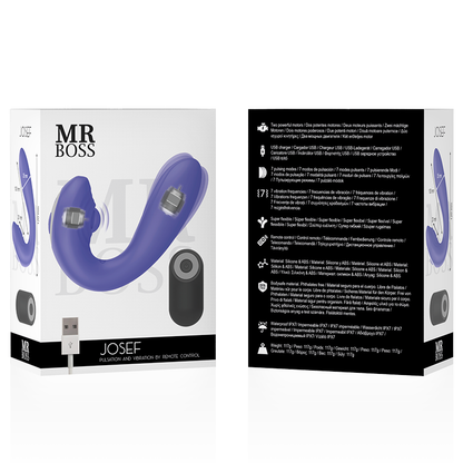 Close-up do vibrador MR BOSS Josef para casais, com controle remoto e detalhes em silicone.