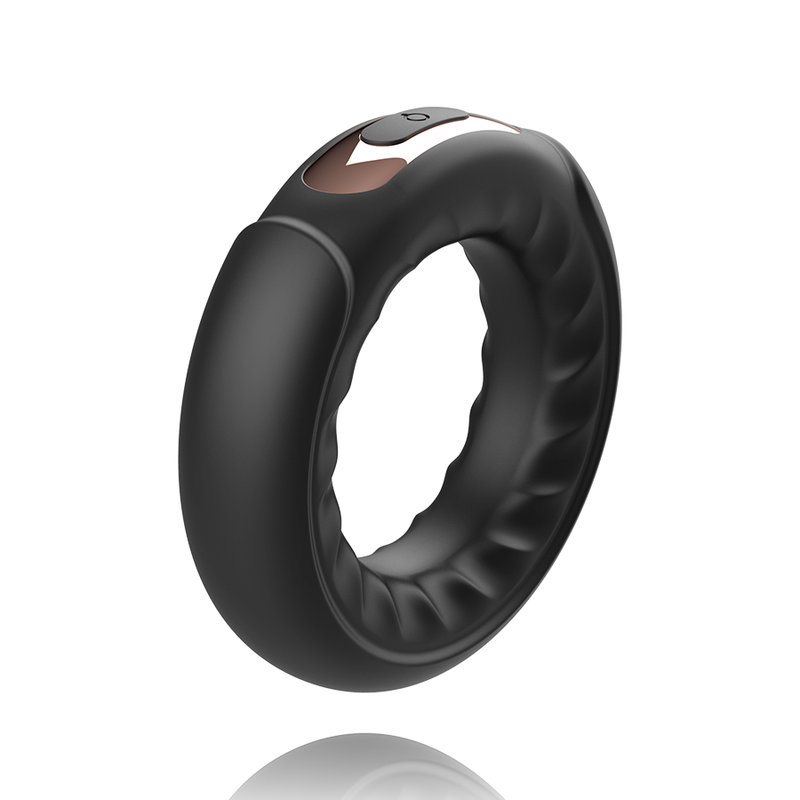 Anel Vibrador ANBIGUO Adriano em silicone preto, com detalhes vibratórios e design ergonómico.