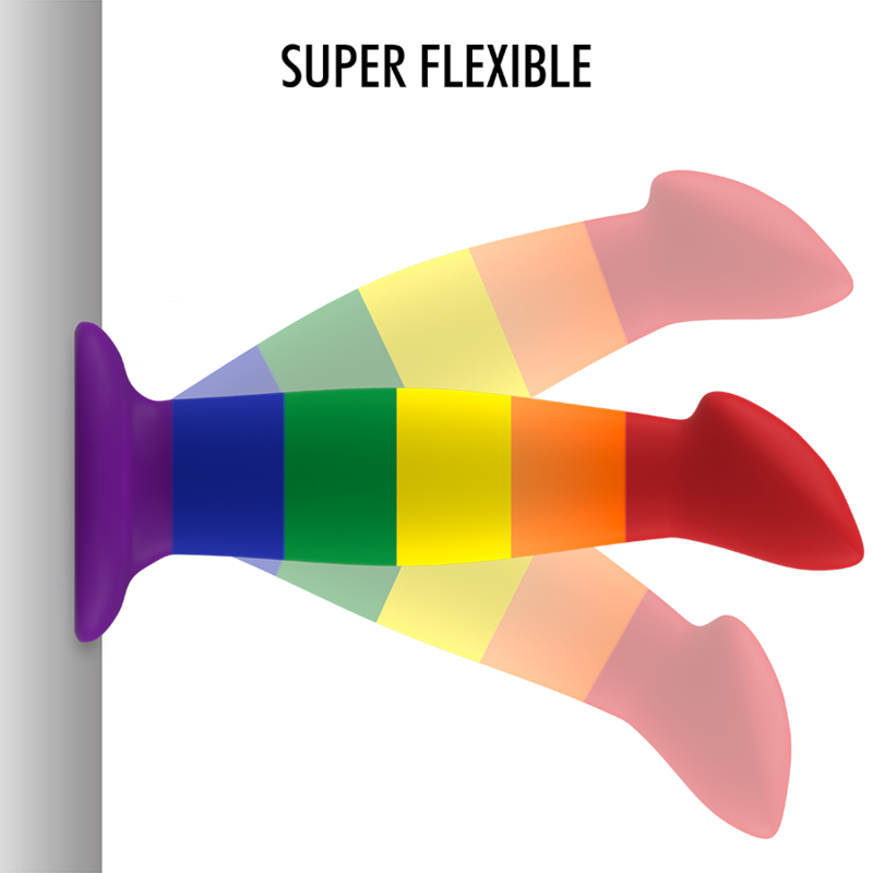 Dildo MYTHOLOGY Orgulho Garrick de silicone flexível com base de sucção e cores vibrantes.