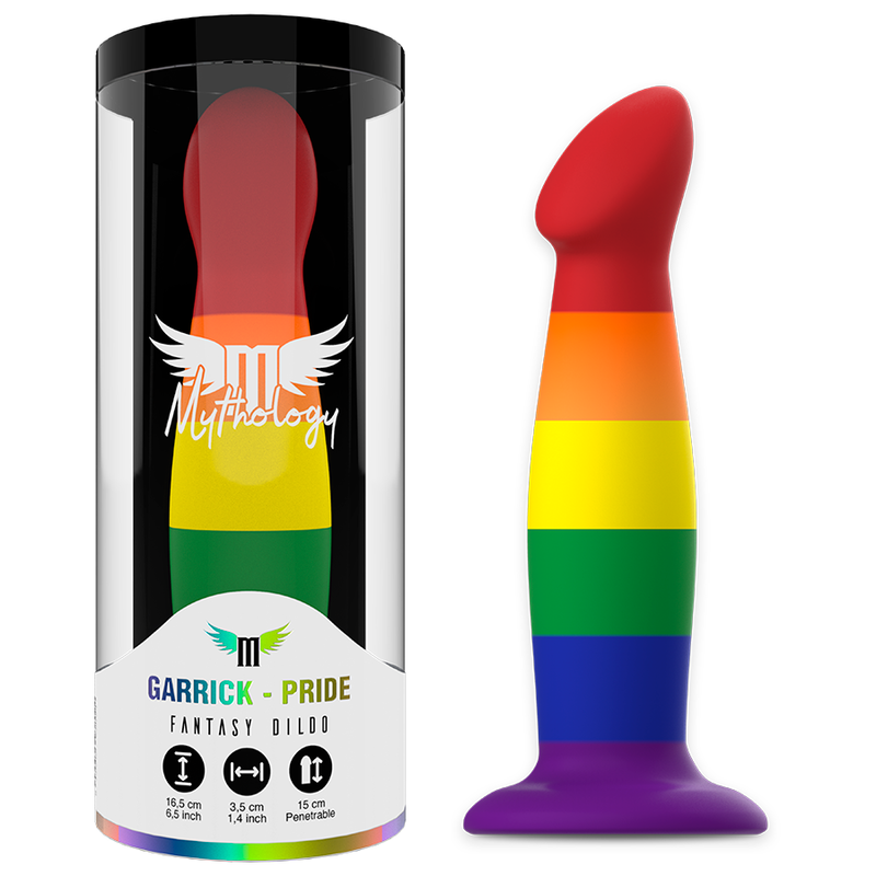 Dildo MYTHOLOGY Orgulho Garrick de silicone flexível com base de sucção e cores vibrantes.