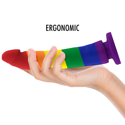 Imagem do Dildo MYTHOLOGY Devon Pride L, destacando seu design único em silicone macio e base de sucção.