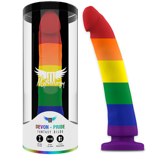 Imagem do Dildo MYTHOLOGY Devon Pride L, destacando seu design único em silicone macio e base de sucção.
