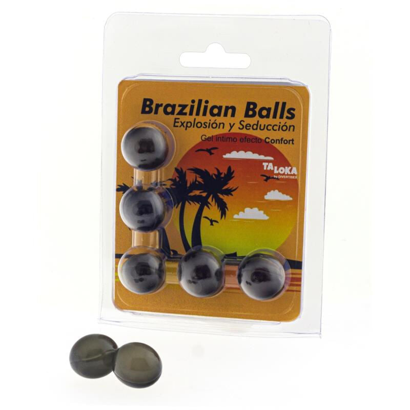 Close-up of the TALOKA 5 Bolas Brasileiras with Gel Efeito Conforto Emocionante, showing their texture and packaging.