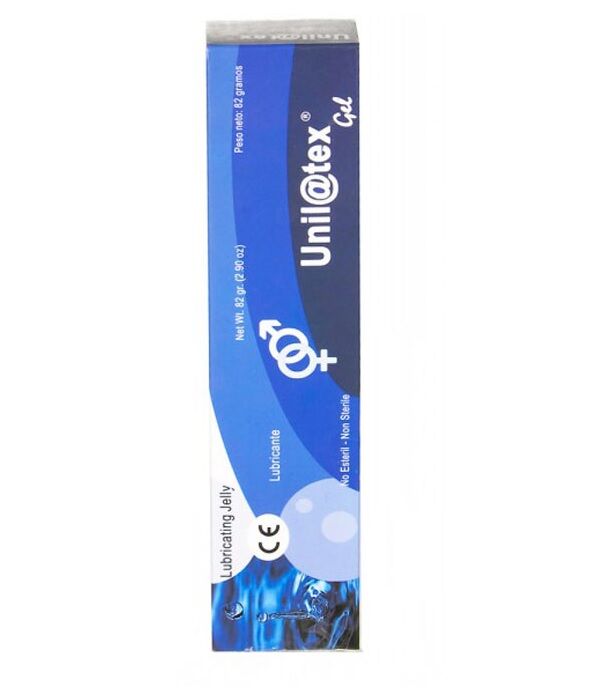 Embalagem do UNILATEX Gel Lubrificante Íntimo Neutro à Base de Água 82GR, mostrando o design prático.