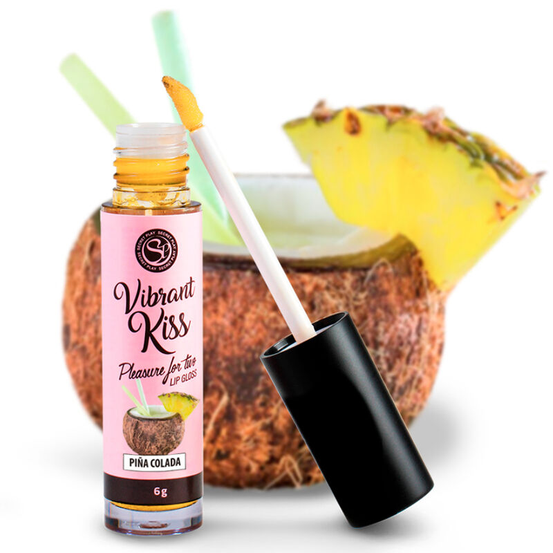 SECRETPLAY Lip Gloss Vibrant Kiss Piña Colada 6gr, destacando a embalagem e a textura do gloss.