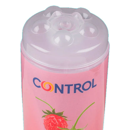 Close-up do CONTROL Gel de Massagem 3 em 1 Bagas Selvagens 200ml, mostrando a embalagem e a tampa massageadora.