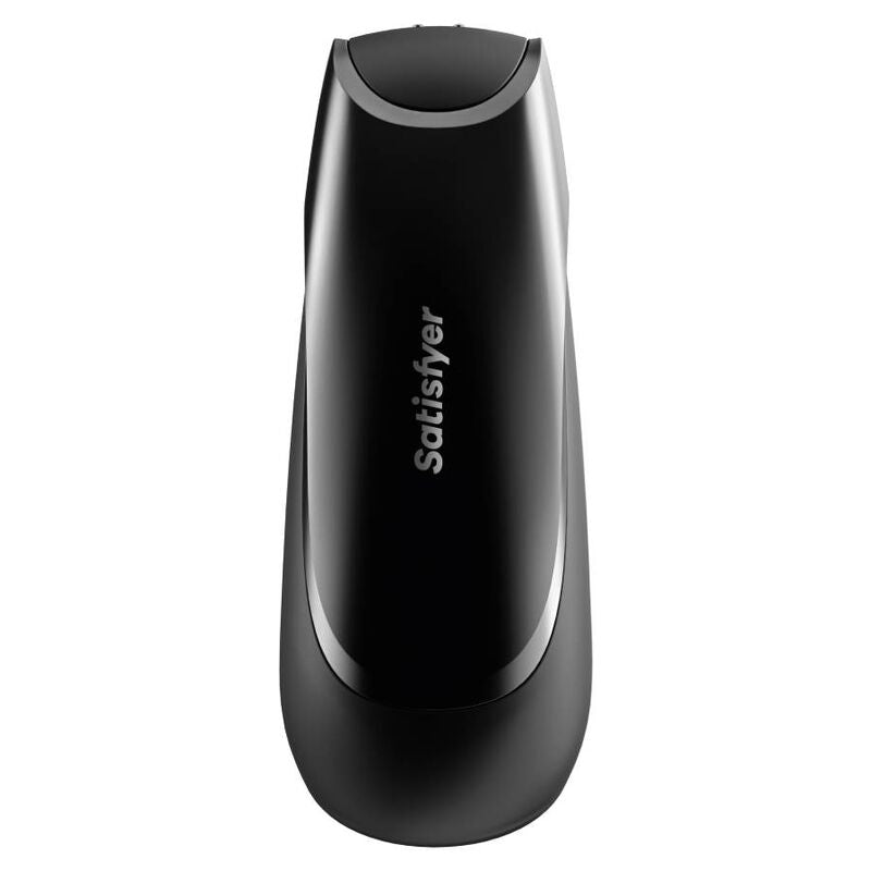 Close-up do Satisfyer Men Vibration+ Masturbador Vibratório com App, exibindo seu design elegante em preto e textura suave de silicone.