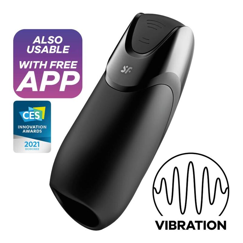 Close-up do Satisfyer Men Vibration+ Masturbador Vibratório com App, exibindo seu design elegante em preto e textura suave de silicone.