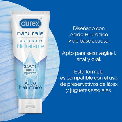 DUREX Lubrificante Hidratante Naturals Hialurônico 100ml para hidratação íntima.