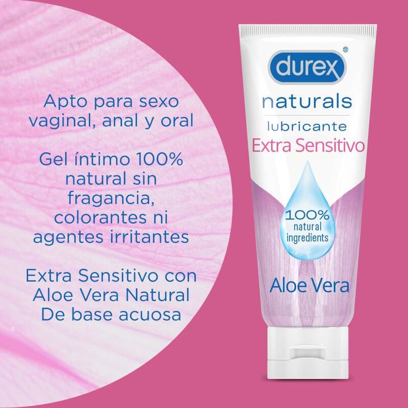 Close-up do lubrificante íntimo DUREX Naturals Extra Sensível 100ml, destacando a embalagem e a sua formulação natural.