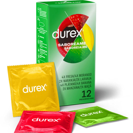 Embalagem e conteúdo dos Preservativos DUREX Saboreame 12 Unidades com sabores frutados